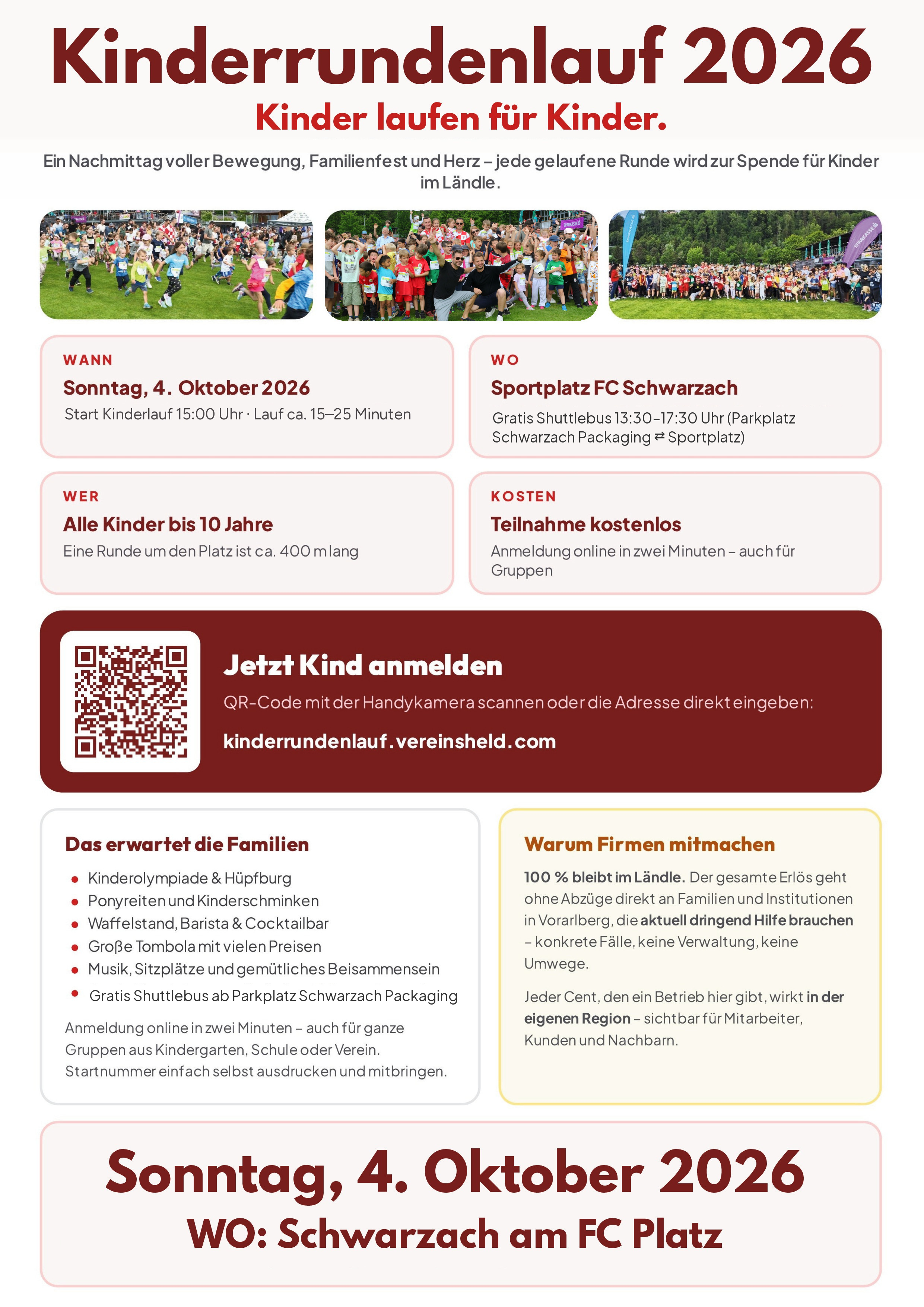 Plakat Charity-Kinderrundenlauf 2026: Sonntag, 4. Oktober 2026 am Sportplatz FC Schwarzach, mit QR-Code zur Anmeldung