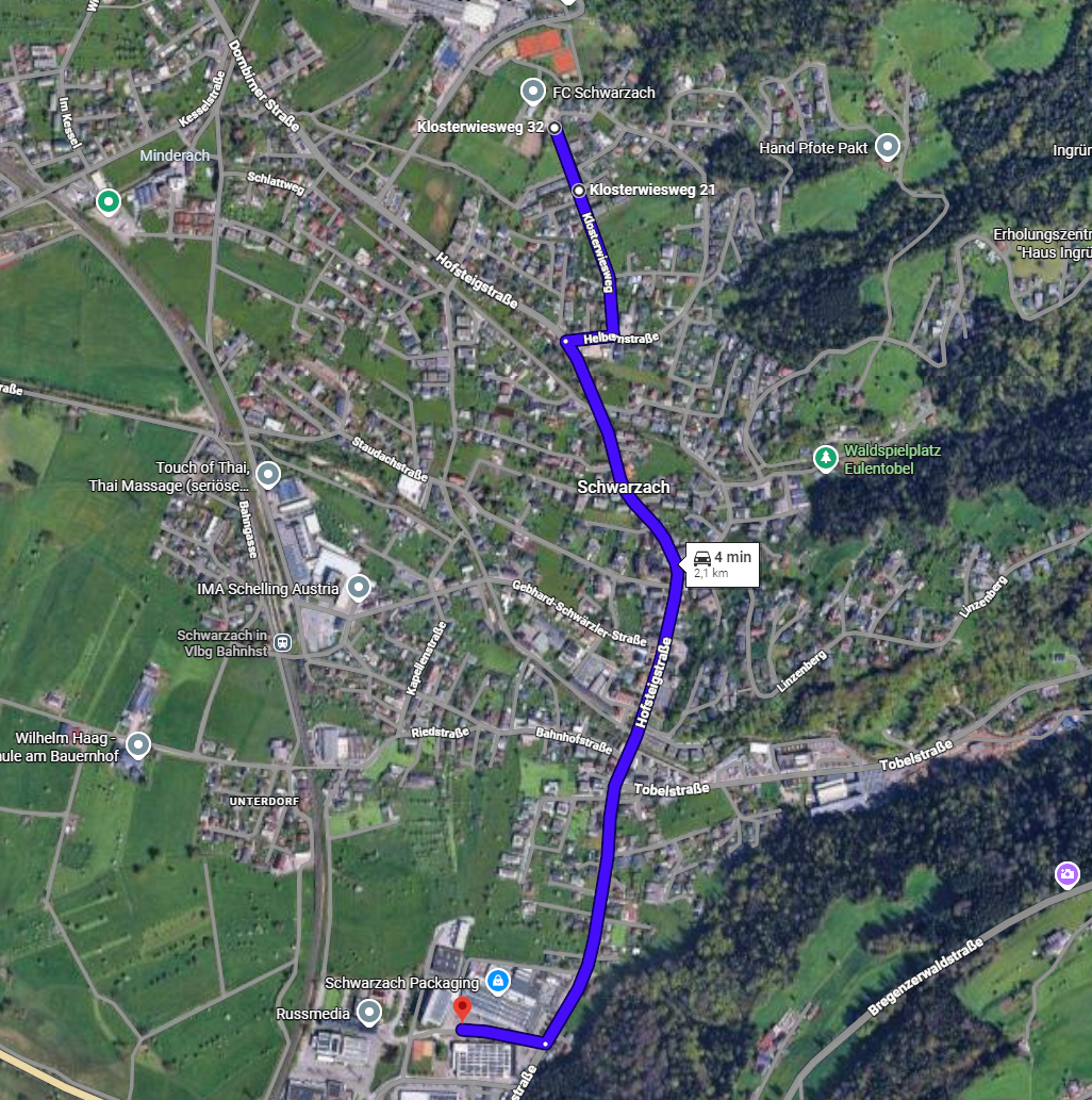 Route vom Parkplatz VVA zum Sportplatz FC Schwarzach über 2,1 Kilometer