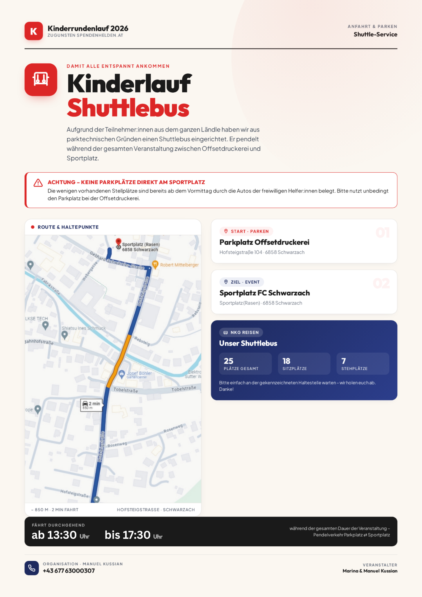 Plakat: Kinderlauf Shuttlebus – Anfahrt und Parken