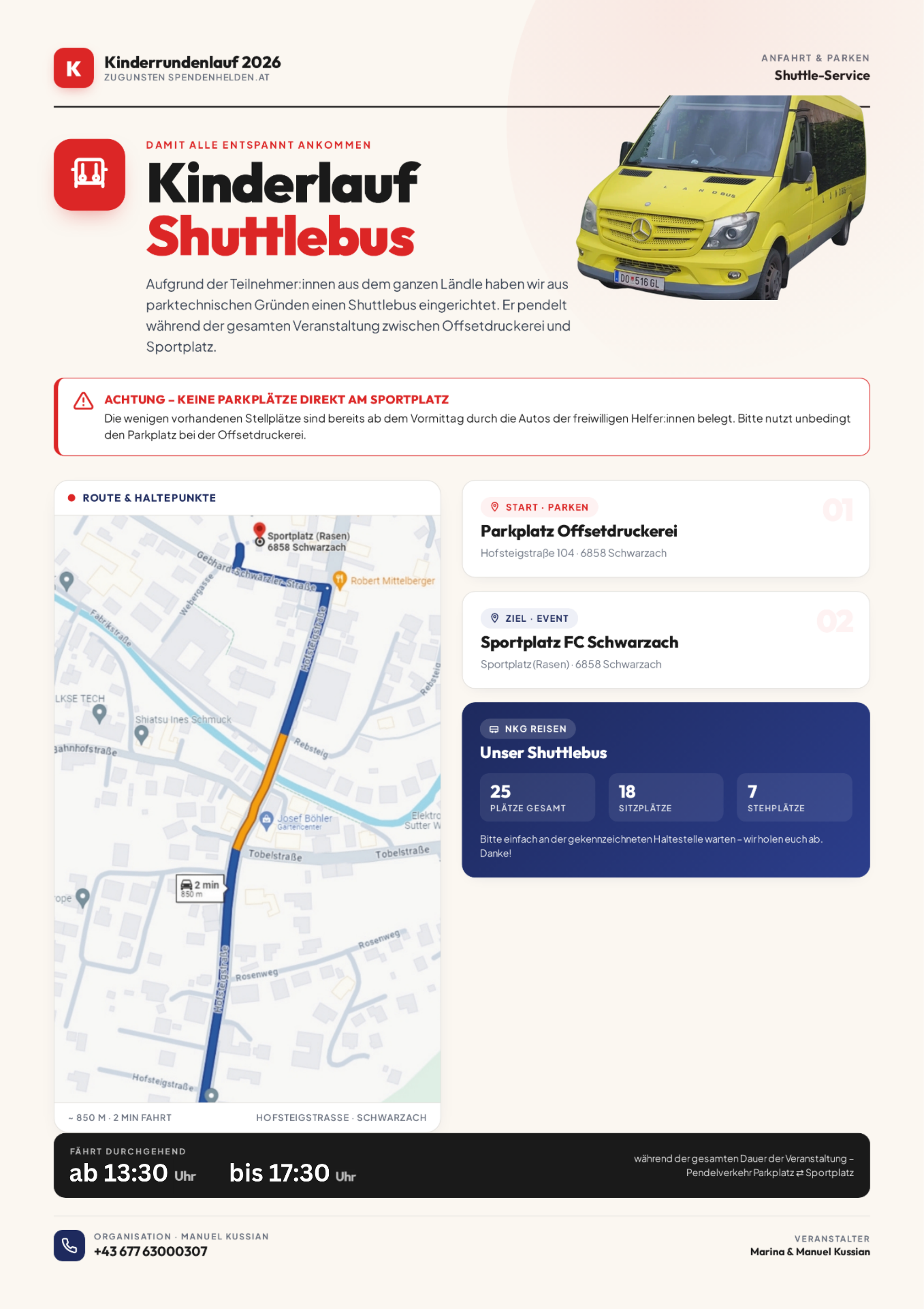 Plakat: Kinderlauf Shuttlebus – Anfahrt und Parken