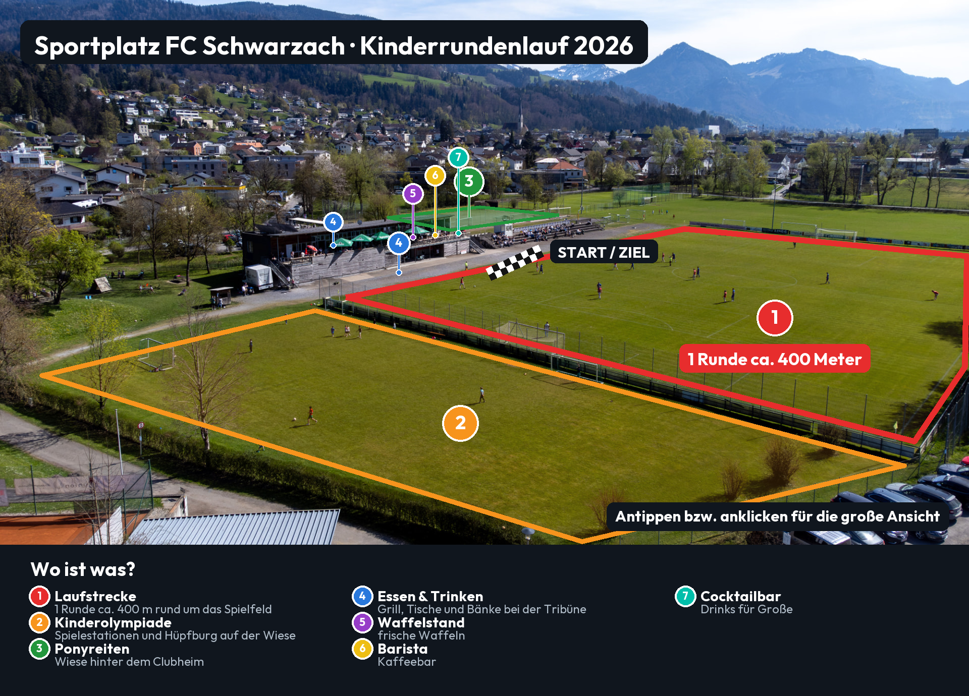 Sportplatzplan Kinderrundenlauf 2026: Laufstrecke, Kinderolympiade, Ponyreiten und Verpflegung